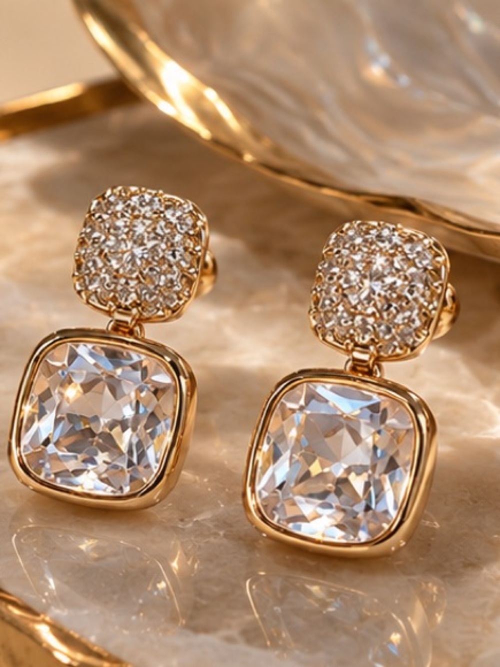 Gilded Crystal Cushion Earrings Luxe Geometric Pavé Earrings